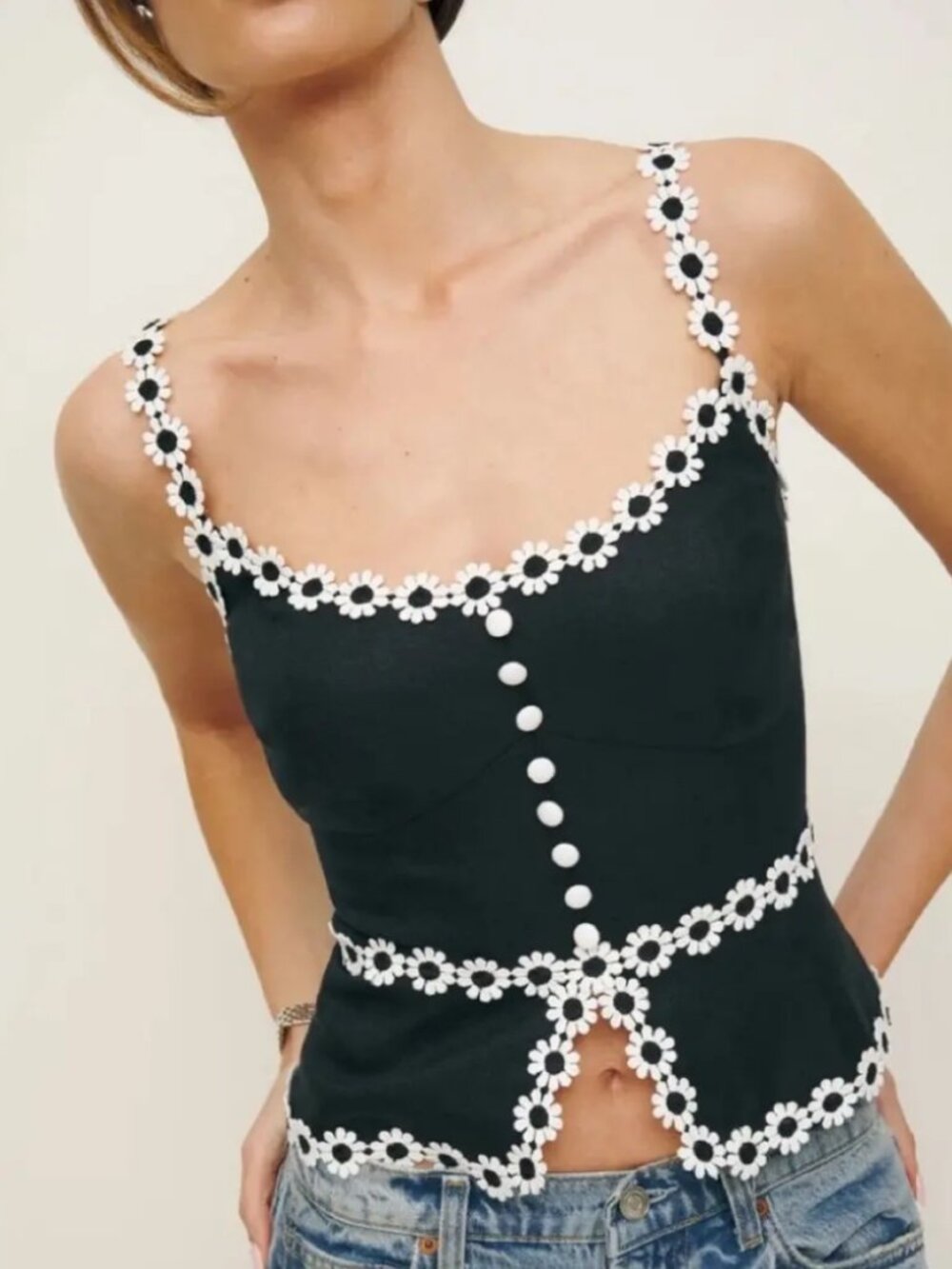 Reformation Minna Linen Top Black & White Cropped Scoop Neck Resort Beachy Sz 0